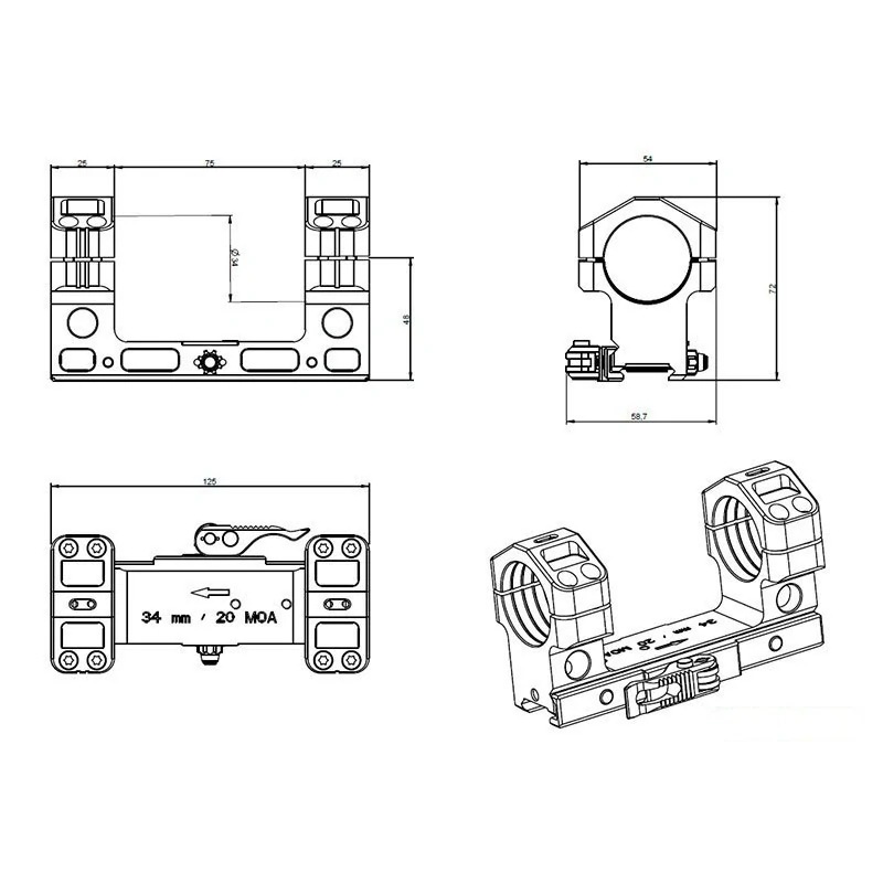 Montáž puškohledu jednodílná na weaver - objímka ø34 mm, výška 43 mm / 20 MOA, upínání úpinkou