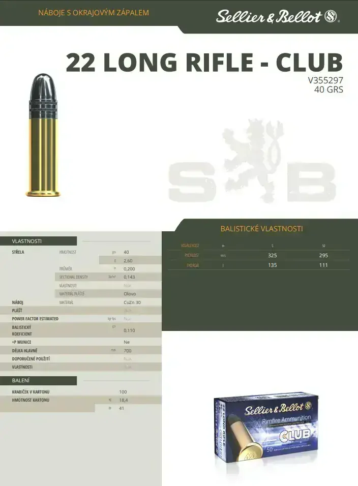 Malorážkové náboje Sellier & Bellot .22 LR - CLUB, 40 grs/ 2,6 g
