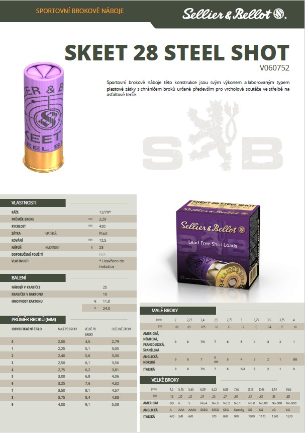 Brokové náboje Sellier & Bellot SKEET 28 STEEL SHOT, 12/70