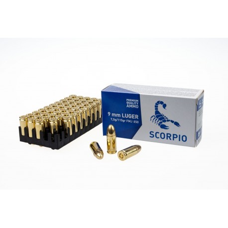 Pistolové náboje STV SCORPIO 9 mm Luger 9 × 19 FMJ, 124 grs/ 8 g