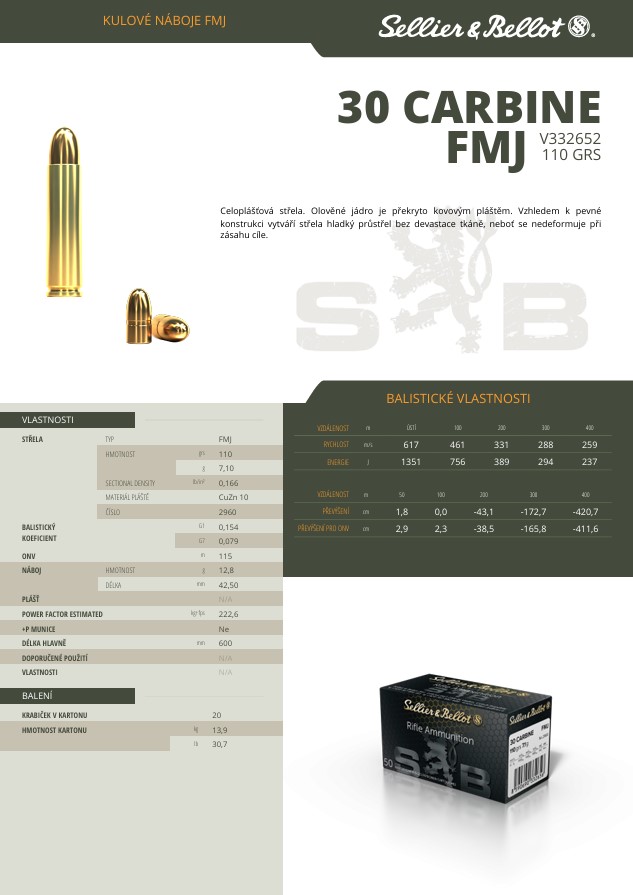 Puškové náboje Sellier & Bellot .30 Carbine FMJ 110grs / 7,1 g 