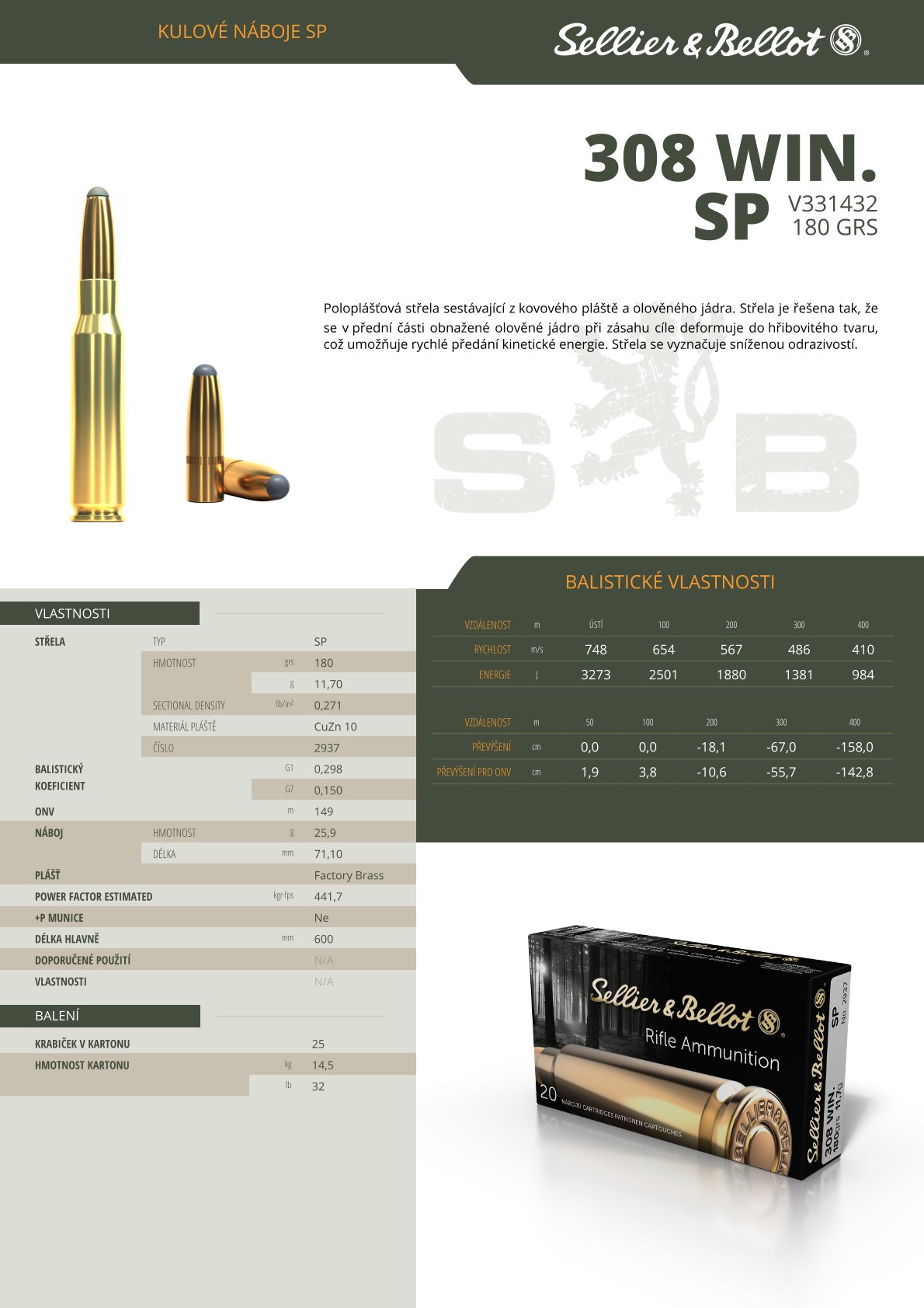 Puškové náboje Sellier & Bellot .308 WIN. SP, 180 grs / 11,7 g