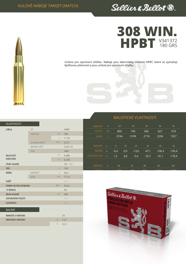 Puškové náboje Sellier & Bellot .308 WIN. HPBT, 180 grs/ 11,7 g