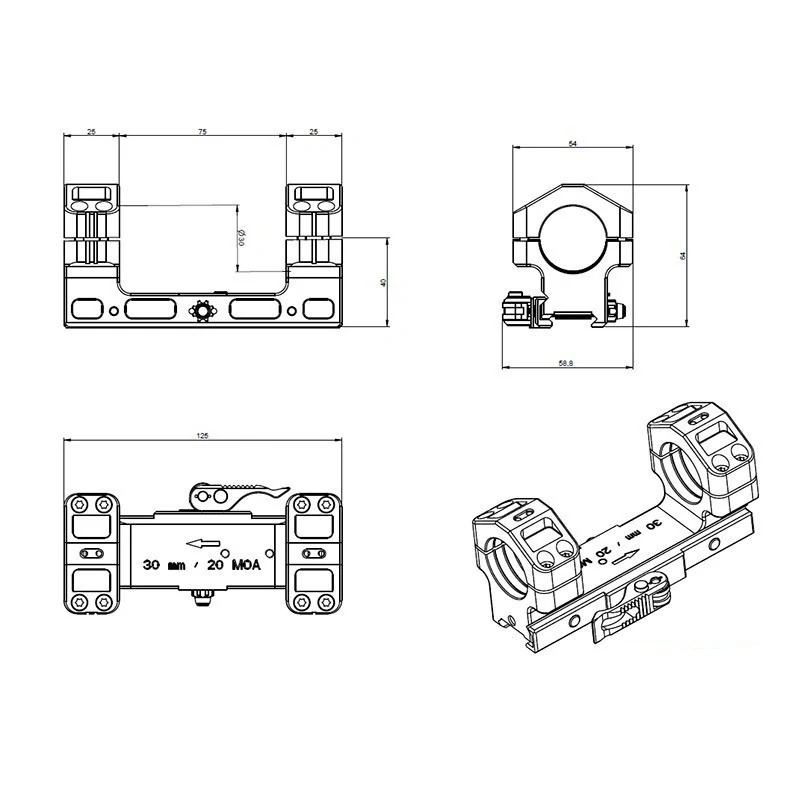 Montáž puškohledu jednodílná na weaver - objímka ø30 mm, výška 43 mm / 0 MOA, upínání úpinkou