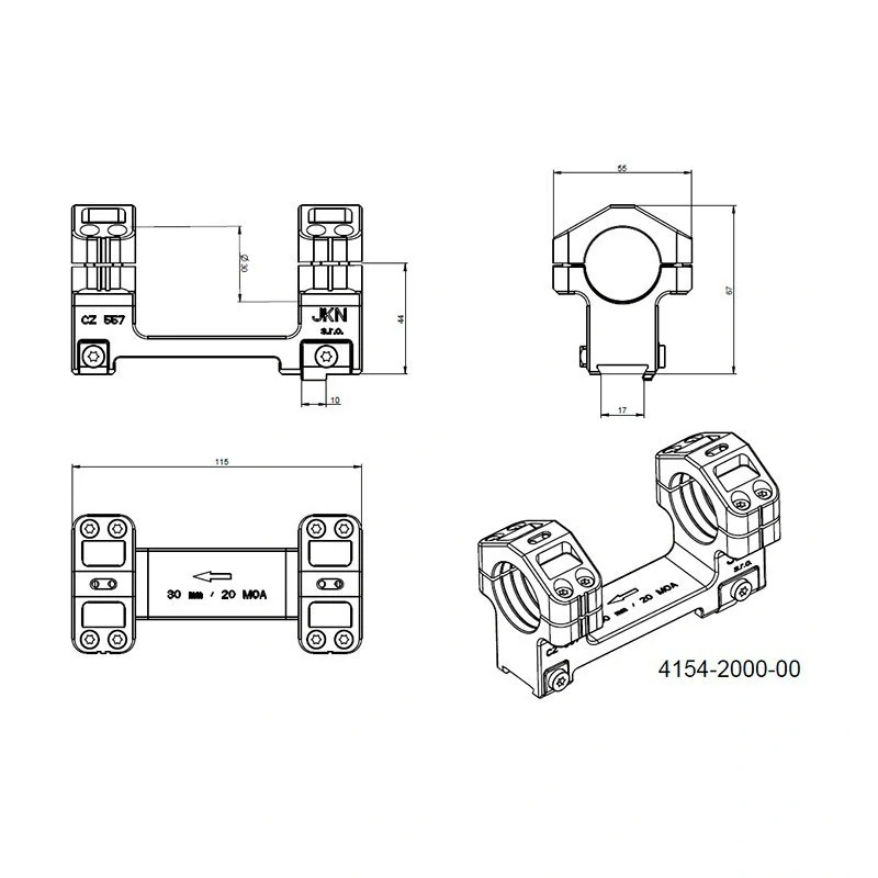 Montáž puškohledu pro kulovnice CZ 557 SHORT - pro tubus ø30mm, sklon 20 MOA, hranaté provedení