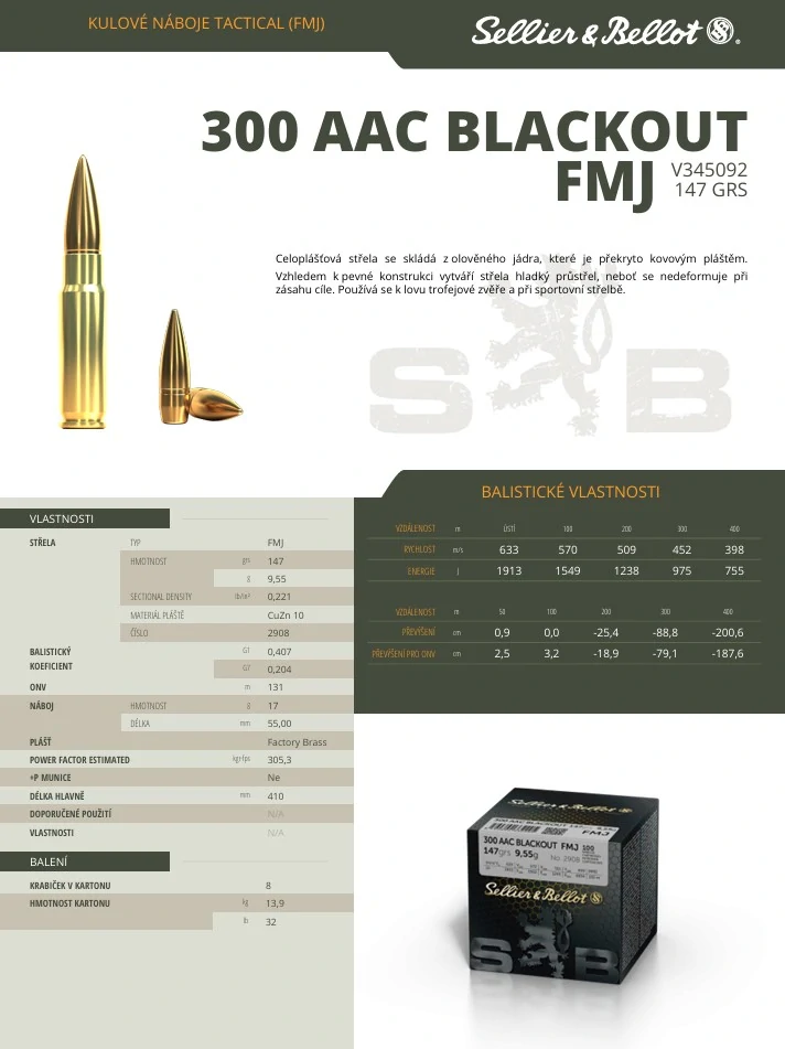 Puškové náboje Sellier & Bellot .300 ACC BLACKOUT FMJ 9,55 g / 147 grs