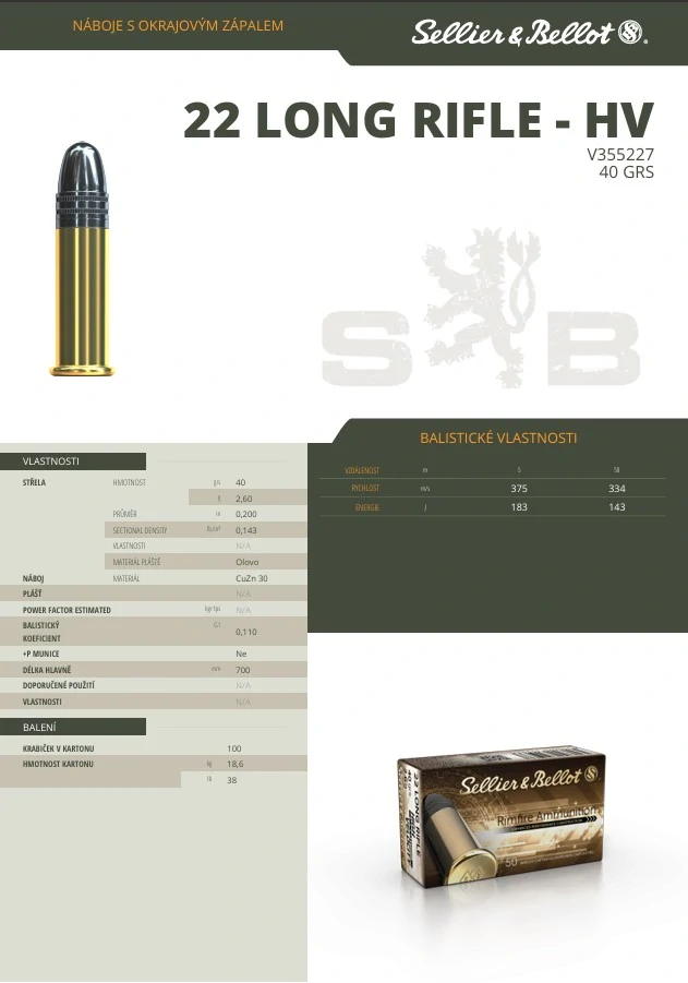 Malorážkové náboje Sellier & Bellot .22 LR HV 2,6 g / 40 grs