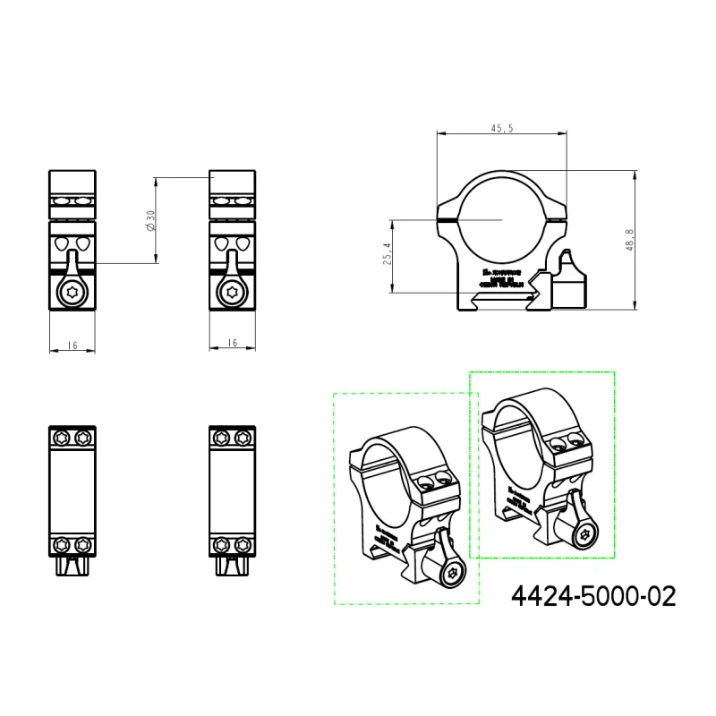 Dělená montáž optiky – upínání polohovací páčkou upínky, výška 24,5 mm, objímka Ø30mm