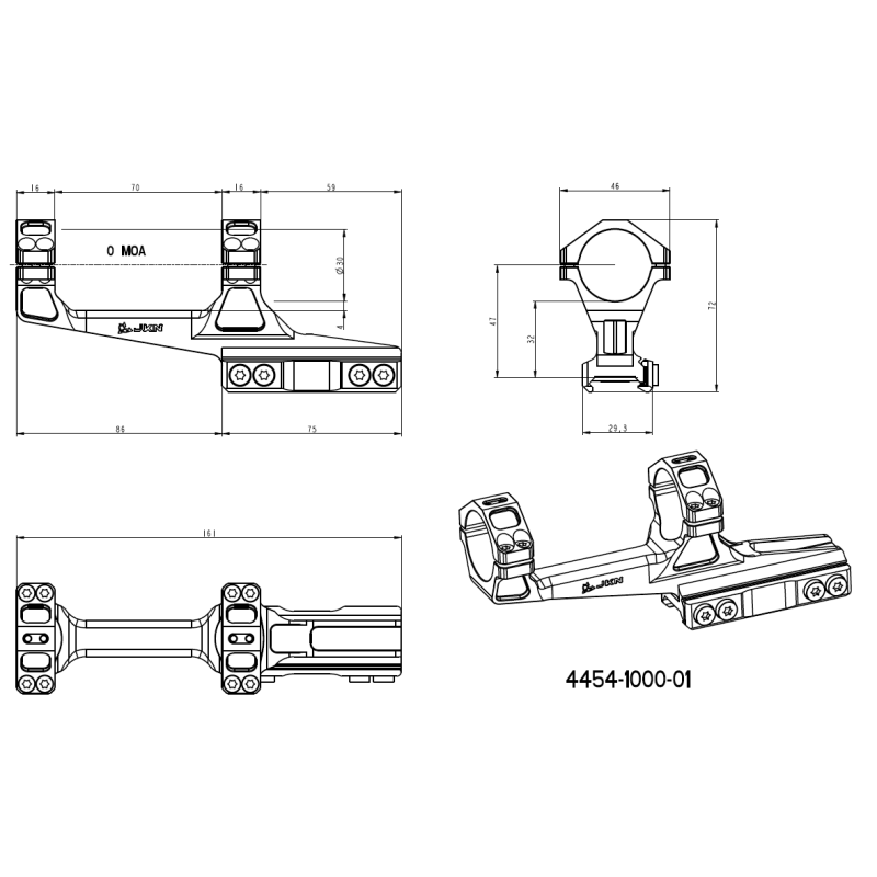 Precizní předsazená taktická JKN montáž Ø 30 mm, výška 47 mm, 0 MOA, předsazení 59 mm (2,3“), AR 15