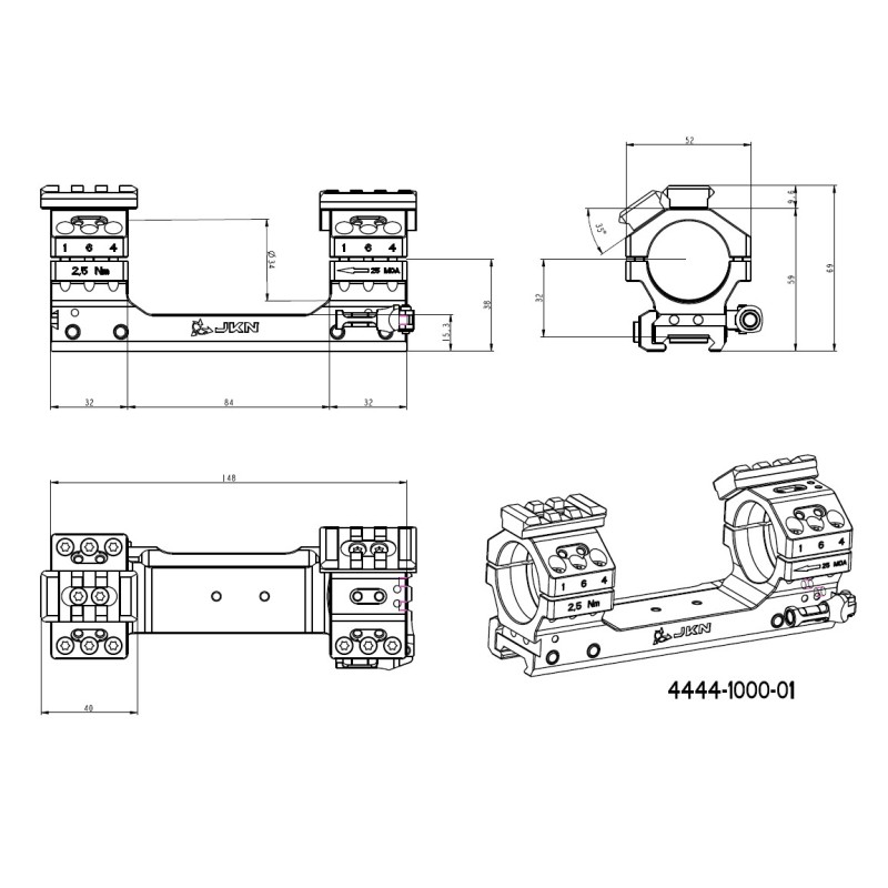 Montáž puškohledu pro velkorážní zbraně - objímka ø34mm – sklon 25MOA – s polohovací libelou